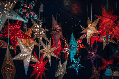 Close-up of christmas decorations at night