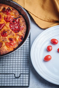 High angle view of pizza on table