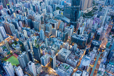 High angle view of modern buildings in city