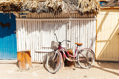 A bike leaning on a colorful house on holbox island.