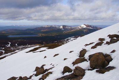 Scenic view of snow covered land against sky