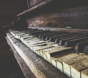 Close-up of abandoned piano