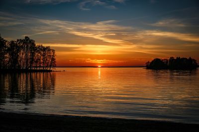 Scenic view of lake against orange sky