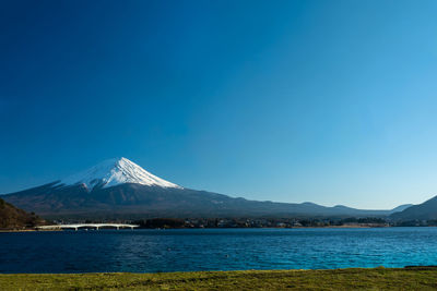 Scenic view of snowcapped mountain against blue sky