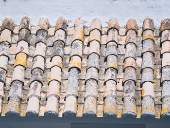 Low angle view of graffiti on roof against wall