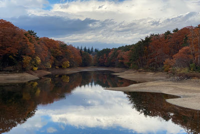Scenic view of lake by trees against sky