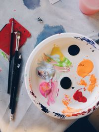 High angle view of cake in plate on table