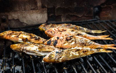 Directly above shot of fishes on barbecue grill