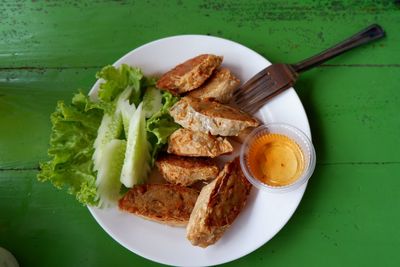 High angle view of breakfast served on table