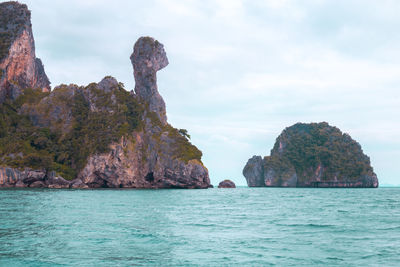 Scenic view of rocks in sea against sky