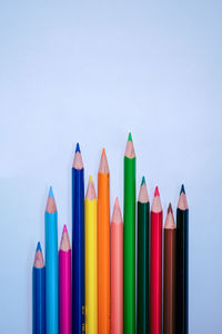 Close-up of colored pencils against white background