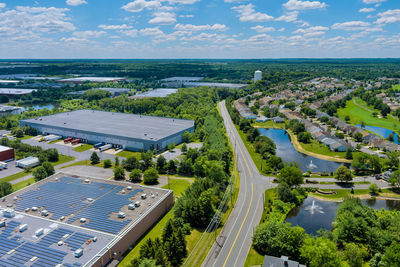 High angle view of aerial view of city against sky