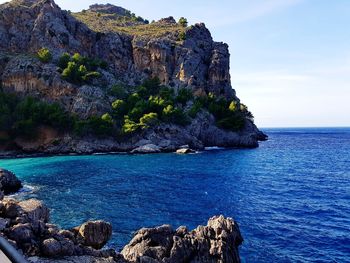 Scenic view of sea against rocks