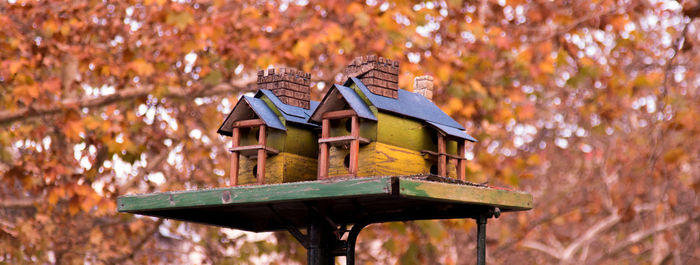 Low angle view of birdhouse in park