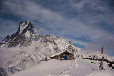 Scenic view of snowcapped mountains against sky