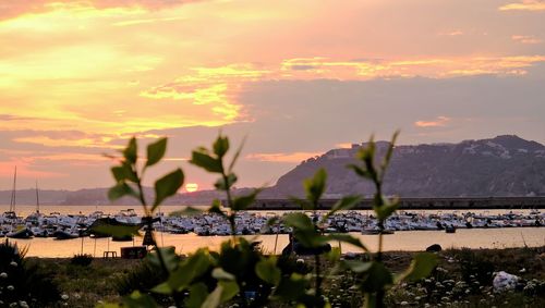 Scenic view of bay against sky at sunset