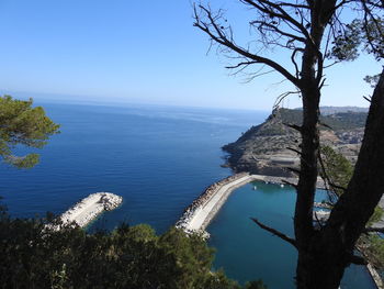 High angle view of bay against clear blue sky