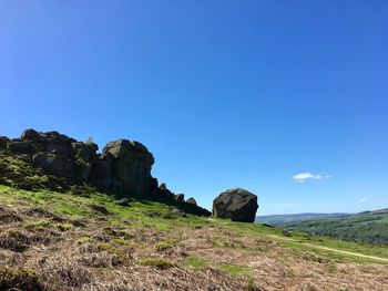 Rock formations on landscape against clear blue sky