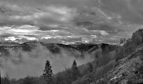 Scenic view of mountains against cloudy sky