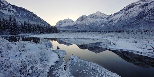 Frozen reflection. snow covered mountain view, alaska