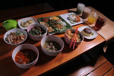 High angle view of meal served on table