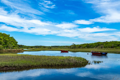 Scenic view of lake against cloudy sky