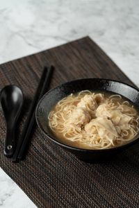 High angle view of noodles in bowl on table