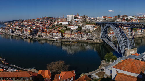 Bridge over river amidst buildings in city against sky