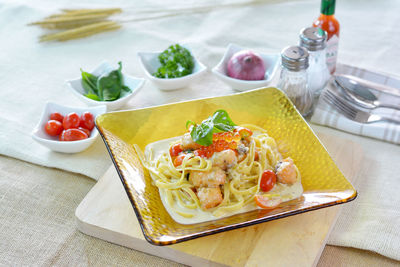 High angle view of meal served on table