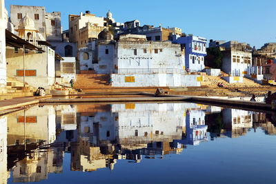 White buildings by calm lake