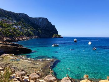 Scenic view of sea against clear blue sky