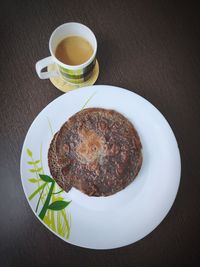 High angle view of breakfast served on table