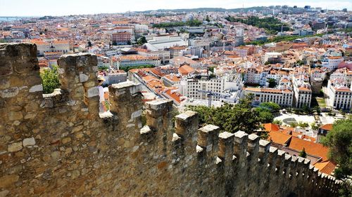 High angle view of old buildings in town