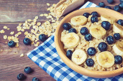 High angle view of breakfast served on table