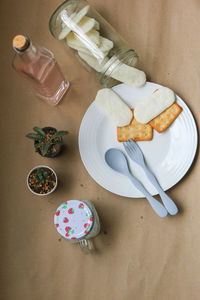 High angle view of ice cream in glass on table