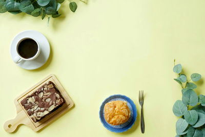 High angle view of breakfast served on table