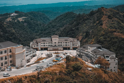 High angle view of buildings and mountains