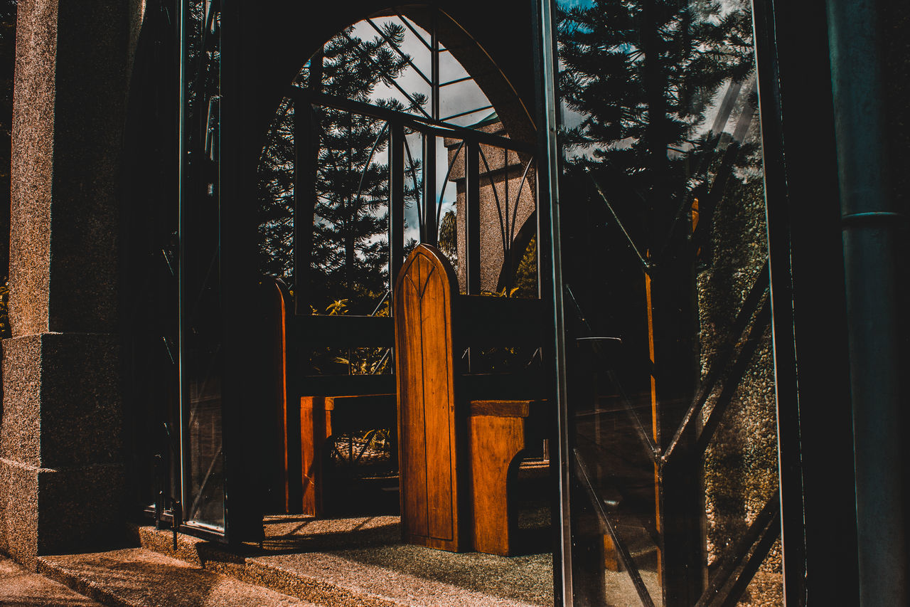 TREES AND BUILDING SEEN THROUGH WINDOW