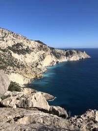 Scenic view of sea against clear blue sky