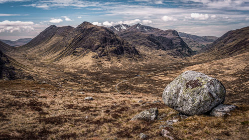 Looking down glencoe from the slopes of beinn a chrulaiste in the scottish highlands