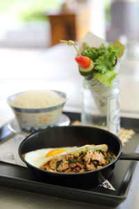 Close-up of food served on table