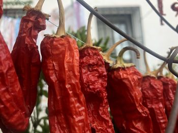 Close-up of red chili peppers for sale in market