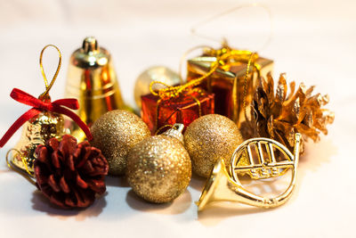 Close-up of christmas decorations on table