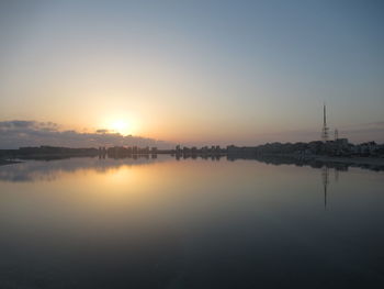 Scenic view of lake against sky during sunset