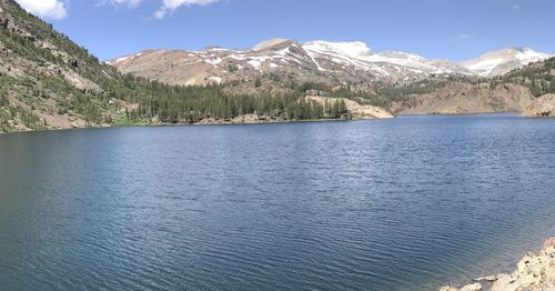 Scenic view of lake by mountains against sky