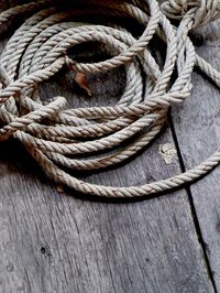 High angle view of ropes on boat