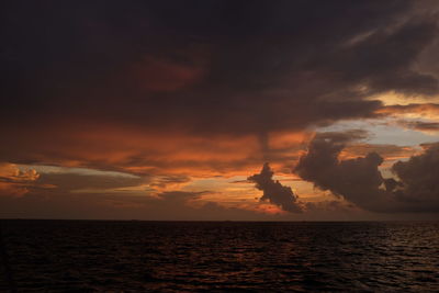 Scenic view of sea against cloudy sky at sunset