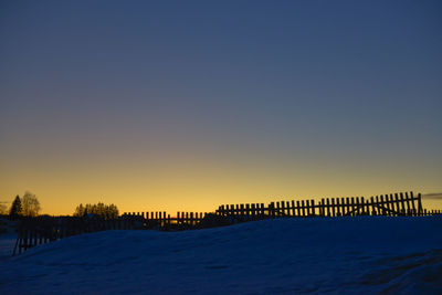 Scenic view of snow covered field against clear sky during sunset