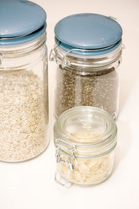 Ingredients in glass containers on table