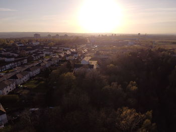 High angle view of townscape against sky at sunset